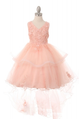 Girls Dress Style 9056 -  High Low Sequin Embroidered Dress in Peach