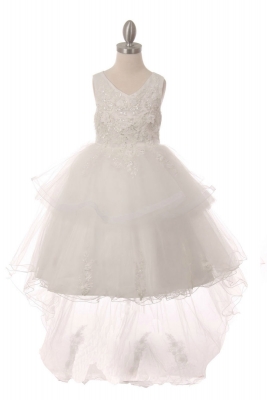 Girls Dress Style 9056 -  High Low Sequin Embroidered Dress in White