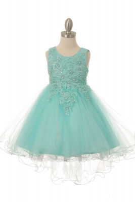 Girls Dress Style 9086 - High Low Sequin Embroidered Dress in Aqua