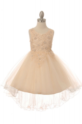 Girls Dress Style 9086 - High Low Sequin Embroidered Dress in Champagne
