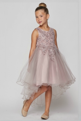Girls Dress Style 9086 - High Low Sequin Embroidered Dress in Dusty Rose