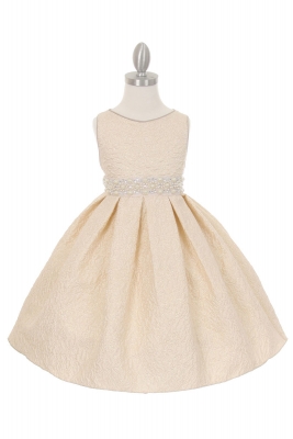 SALE - Jacquard Dress with Pearl Rhinestone Waist in Ivory/Gold