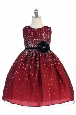 Girl Dress Style 994- Sleeveless Flocked Sparkle Dress with Waist Flower in Choice of Color