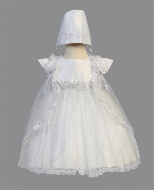 Girls Baptism-Christening Gown Style 2049 - WHITE Satin and Tulle Gown with Corded Trim