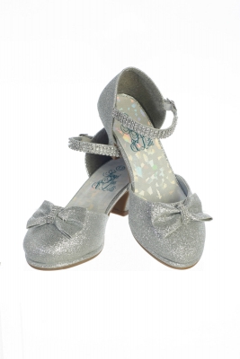 Girls Shoe Style BELLA - SILVER GLITTER Heel Shoes with Rhinestone Strap