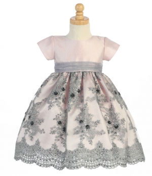 Girls Dress Style C992 - PINK-SILVER Tulle Dress with Embroidered Sequin Skirt