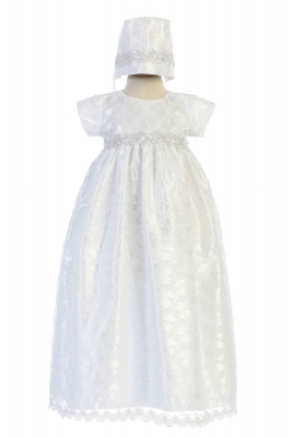 Girls Baptism and Christening Style CASSANDRA- Lace Gown with Silver Embroidered Trim
