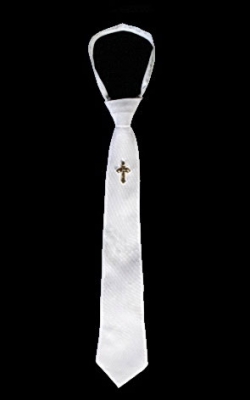 Boys Communion-Baptism Tie Style EM6- WHITE Zipper Tie with Gold Cross