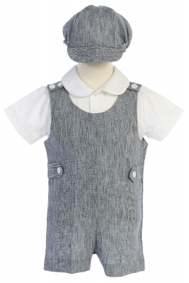 Romper Set Style G835 - Cotton Linen Romper with Hat Set in Navy Blue