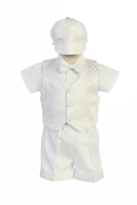 SALE Boys Baptism and Christening Style JASPER - WHITE Romper with Diamond Jacquard Vest