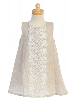 Girls Dress Style M741 - Khaki Cotton Linen and Lace Dress