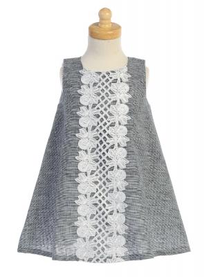 Girls Dress Style M741 - Navy Cotton Linen and Lace Dress