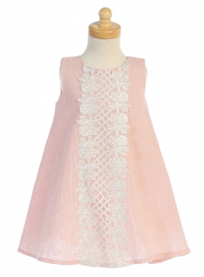 Girls Dress Style M741 - Peach Cotton Linen and Lace Dress
