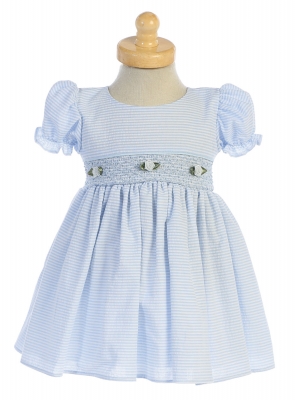 Girls Dress Style M743 - Light Blue Short Sleeved Cotton Seersucker Dress