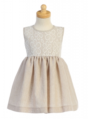 Girls Dress Style M752 - Khaki Sleeveless Lace and Cotton Dress