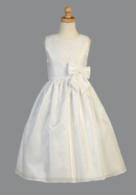 Girls Dress Style SP152 - SALE WHITE Sleeveless Striped Organza Dress with Bow Accent