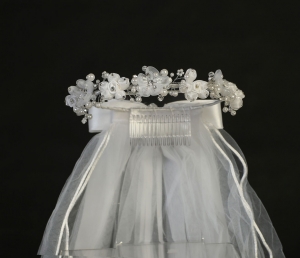 Communion Veil Style T455 - WHITE Veil with Organza and Satin Flowers