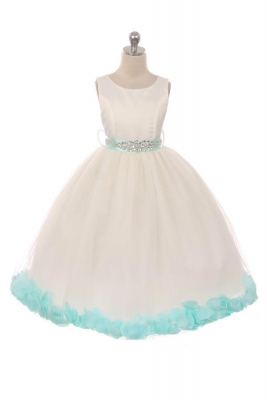 Girls Dress Style 152CB- AQUA BEADED SASH AND PETALS in Choice of White or Ivory Dress