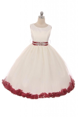 Girls Dress Style 152CB- BURGUNDY BEADED SASH AND PETALS in Choice of White or Ivory Dress