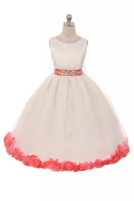 Girls Dress Style 152CB- CORAL BEADED SASH AND PETALS in Choice of White or Ivory Dress