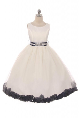 Girls Dress Style 152CB-NAVY BEADED SASH AND PETALS in Choice of White or Ivory Dress