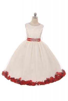 Girls Dress Style 152CB- RED BEADED SASH AND PETALS in Choice of White or Ivory Dress
