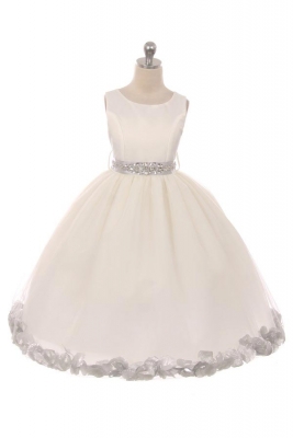 Girls Dress Style 152CB- SILVER BEADED SASH AND PETALS in Choice of White or Ivory Dress