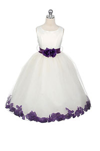 Flower Girl Dress Style 152-Choice of White or Ivory Dress with Purple Sash and Petals
