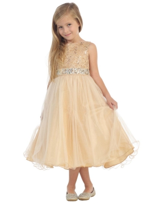 Girls Dress Style 340 -CHAMPAGNE Sparkly Tulle Dress with Beaded Waist