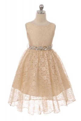Girls Dress Style 360 - CHAMPAGNE High-Low Lace Dress with Matching Rhinestone Sash