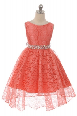 Girls Dress Style 360 - CORAL High-Low Lace Dress with Matching Rhinestone Sash