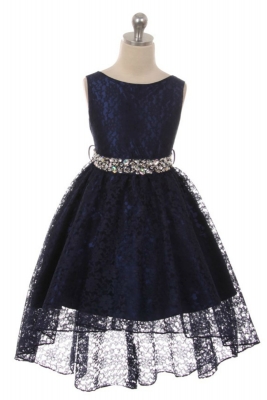 Girls Dress Style 360 - NAVY BLUE High-Low Lace Dress with Matching Rhinestone Sash