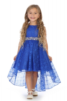 Girls Dress Style 360 - ROYAL BLUE High-Low Lace Dress with Matching Rhinestone Sash