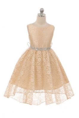 Girls Dress Style 360S - CHAMPAGNE High-Low Lace Dress with Matching Rhinestone Sash