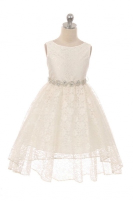 Girls Dress Style 360S - IVORY High-Low Lace Dress with Matching Rhinestone Sash