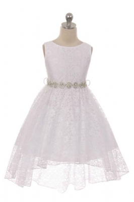Girls Dress Style 360S - WHITE High-Low Lace Dress with Matching Rhinestone Sash