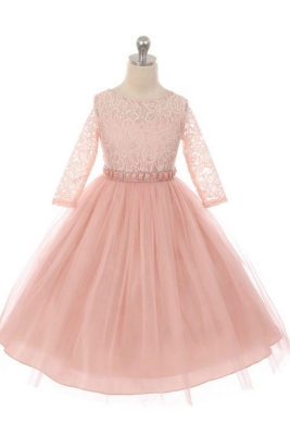 Girls Dress Style 372 - BLUSH Long Sleeved Lace and Tulle Dress
