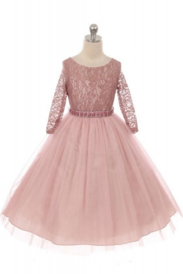Girls Dress Style 372 - MAUVE Long Sleeved Lace and Tulle Dress