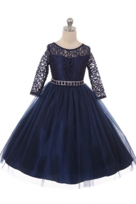 Girls Dress Style 372 - NAVY Long Sleeved Lace and Tulle Dress