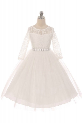 Girls Dress Style 372 - OFF WHITE-LIGHT IVORY Long Sleeved Lace and Tulle Dress