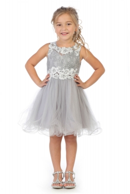 Girls Dress Style JK52 - SILVER Floral Lace and Tulle with Sequins Short Dress