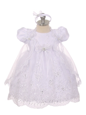 Girls Baptism-Christening Gown Style 017 - WHITE Embroidered Organza Dress with Rhinestone Accents