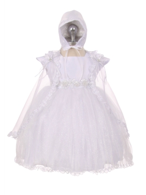 Girls Baptism-Christening Gown Style 018 - WHITE Cap Sleeve Satin Dress with Sparkly Tulle Skirt