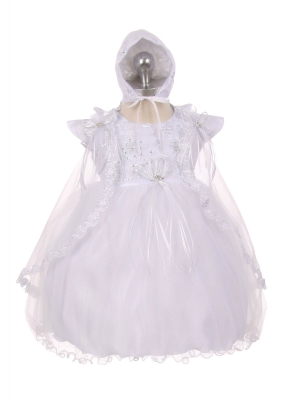 Girls Baptism-Christening Gown Style 019 - WHITE Cap Sleeve Satin Dress with Sparkly Sequin Accents