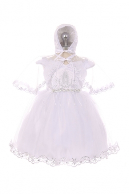 Girls Baptism-Christening Gown Style 020 - WHITE Satin and Organza Dress with Virgin Mary Design