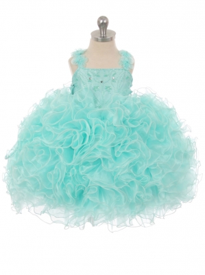 Girls Dress Style 026 -  Aqua Ruffled Organza Dress with Flower Straps