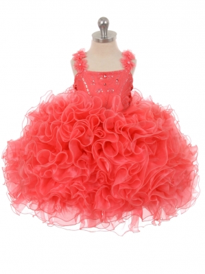 Girls Dress Style 026 - Coral Ruffled Organza Dress with Flower Straps