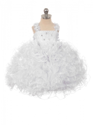 Girls Dress Style 026 -  White Ruffled Organza Dress with Flower Straps