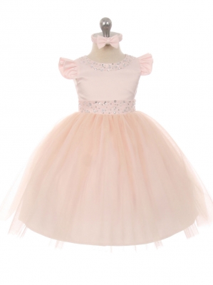 Girls Dress Style 027 - Cap Sleeve Satin and Tulle Dress with Rhinestone Accents in Choice of Color