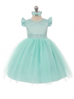 Girls Dress Style 027 - Cap Sleeve Satin and Tulle Dress with Rhinestone Accents in Choice of Color